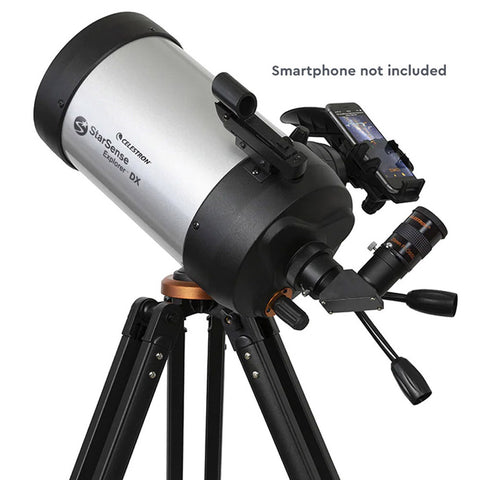 Silver and black telescope with phone mount on a tripod.